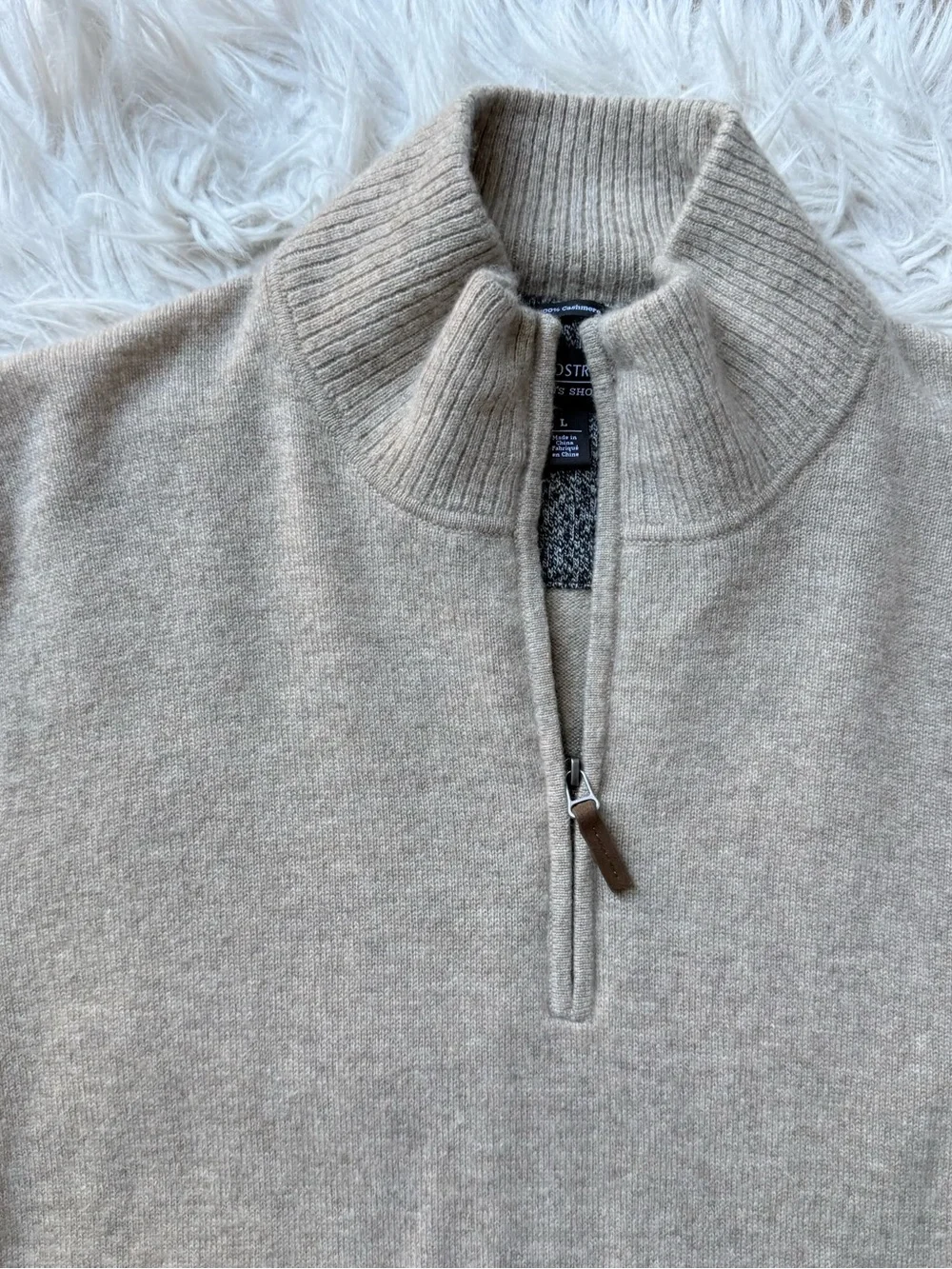 Nordstrom Mens Shop 100% Cashmere Quarter Zip Sweater Large Beige Quiet Luxury